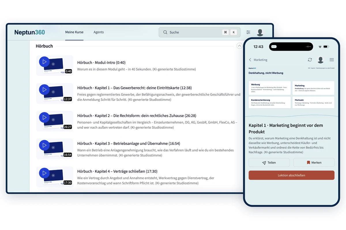 Die Lernplattform auf einem Laptop mit der Kapitelliste eines Moduls und auf einem Handy mit einer geöffneten Lektion.
